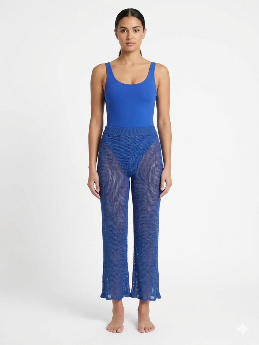 JLUXLABEL Blue Sheer Open Knit Flare Pants Size S NWT